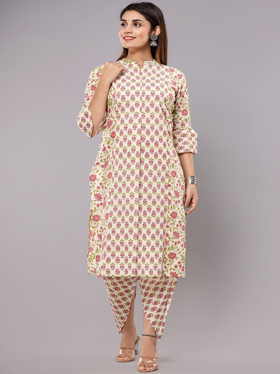 

gvs shoppe Floral Printed Regular Pure Cotton Kurta & Dhoti Pants With Dupatta, Brown