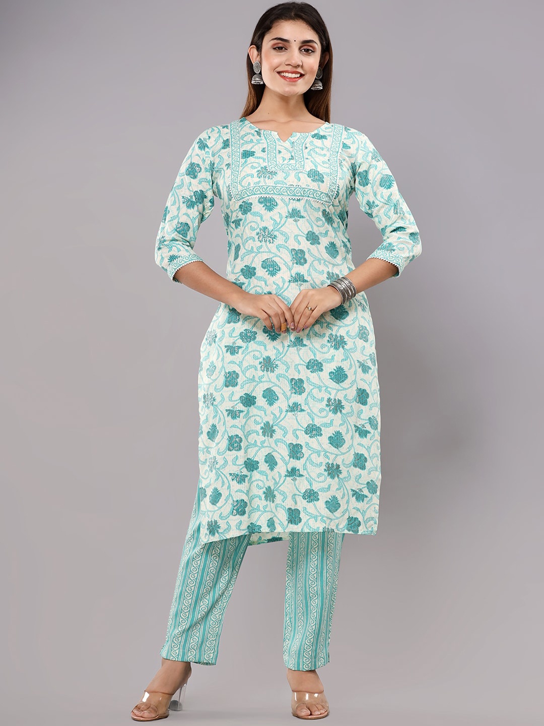 

gvs shoppe Floral Printed Regular Pure Cotton Kurta with Trousers, Blue