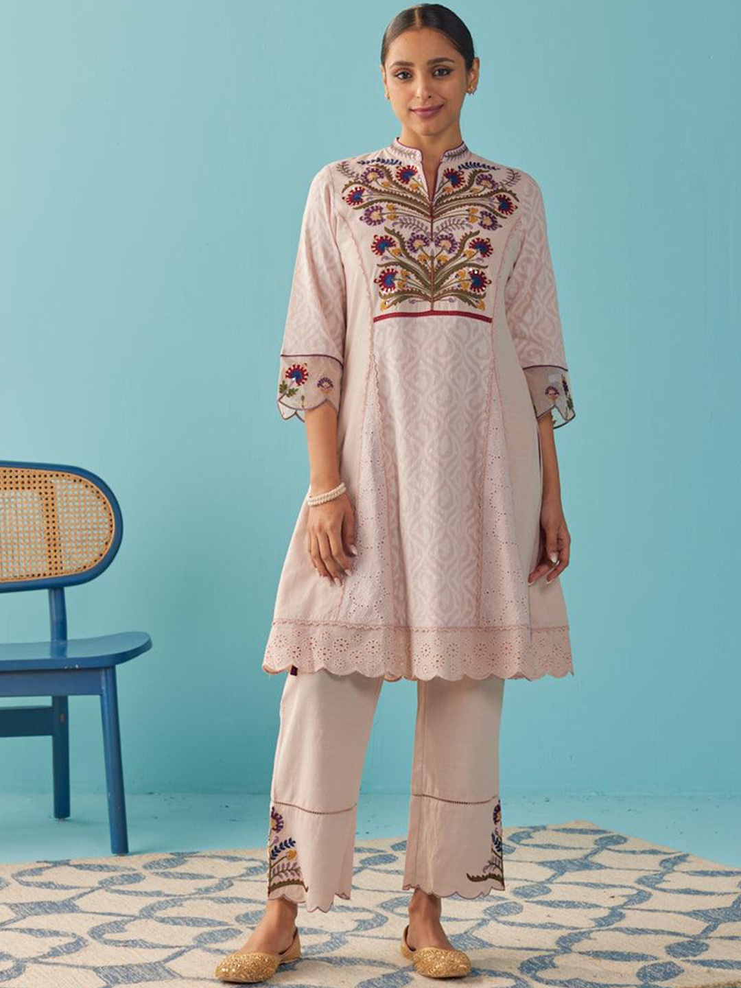 

Lakshita Floral Embroidered Pure Cotton A-Line Kurta with Trousers, Pink