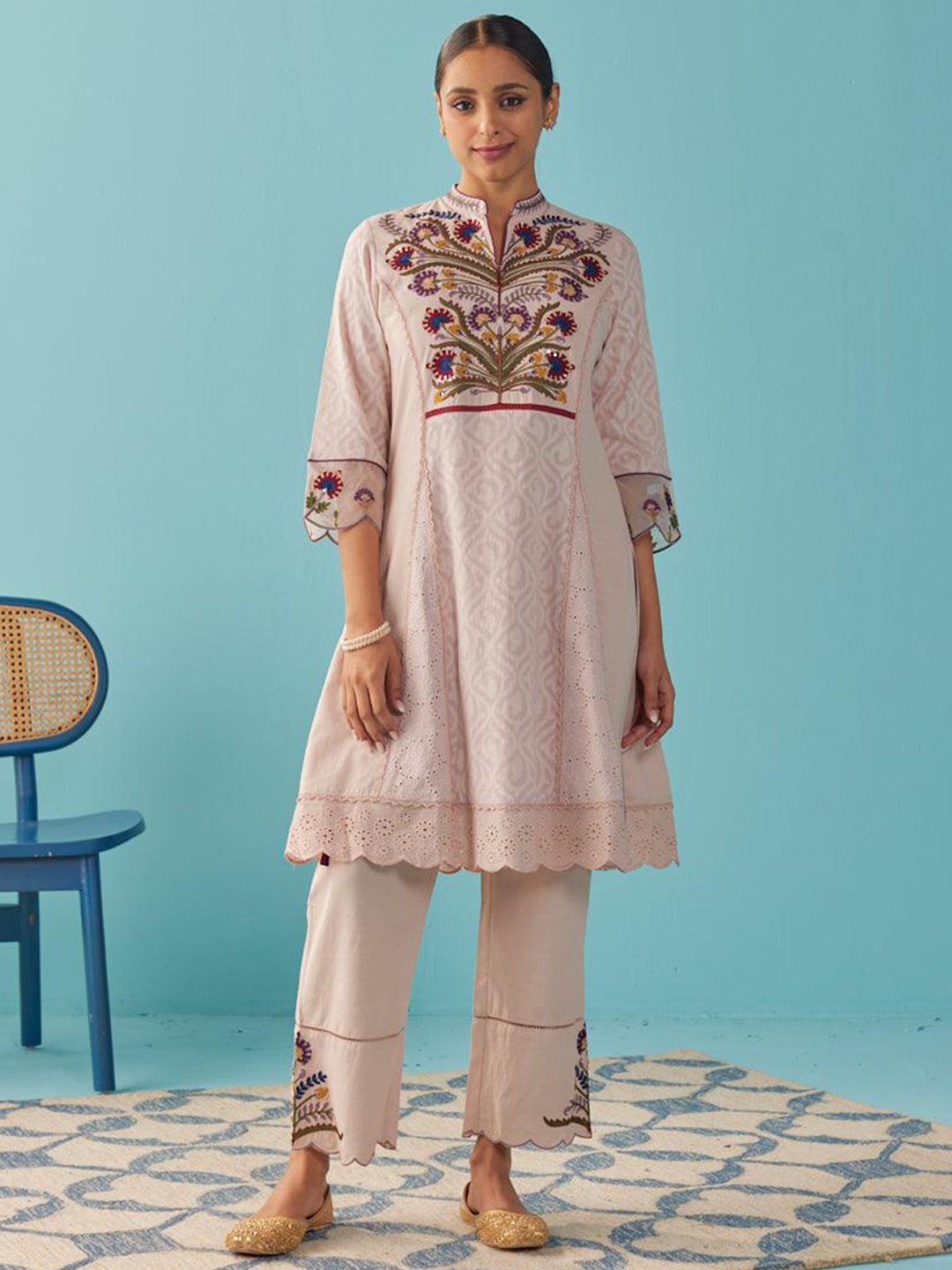 

Lakshita Floral Embroidered Pure Cotton A-Line Kurta with Trousers, Pink