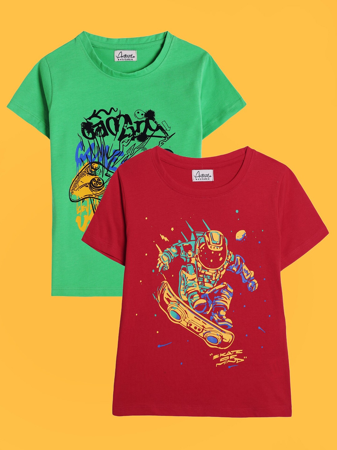 

Anthrilo Boys Pack Of 2 Graphic Printed Cotton T-Shirt, Green