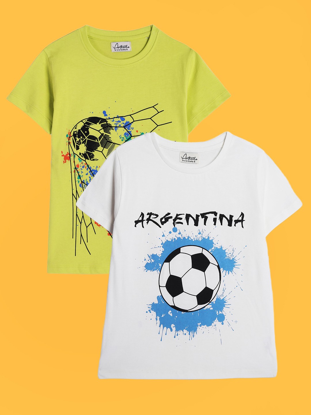 

Anthrilo Boys Pack Of 2 Graphic Printed Cotton T-Shirt, Lime green
