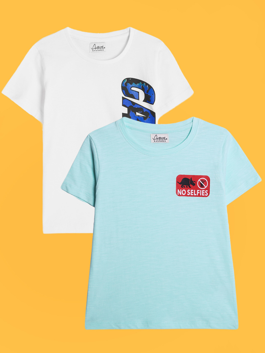 

Anthrilo Boys Pack Of 2 Printed Relaxed Fit Cotton T-shirts, White