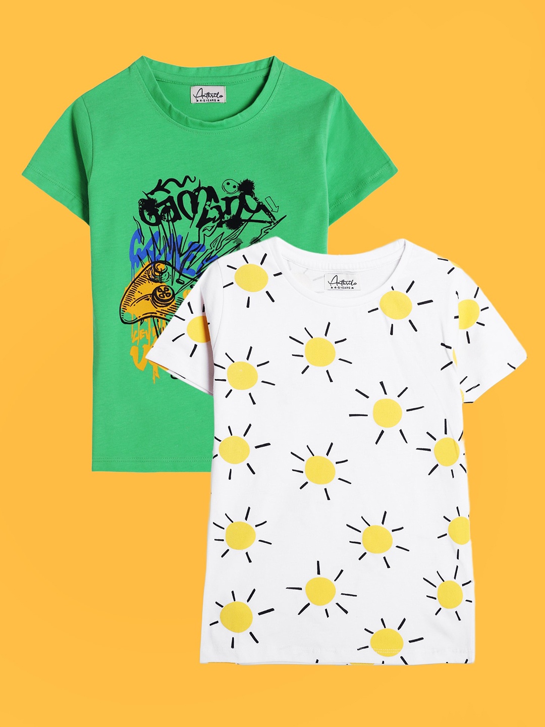 

Anthrilo Boys Pack Of 2 Printed Relaxed Fit Cotton T-shirts, Green
