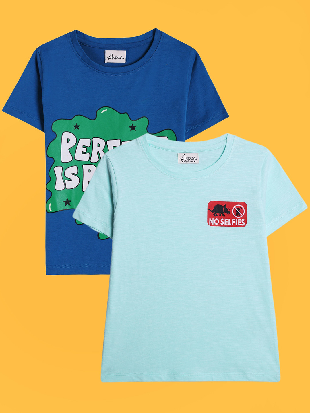 

Anthrilo Boys Pack Of 2 Perfect Is Boring Printed Relaxed Fit Cotton T-shirt, Blue