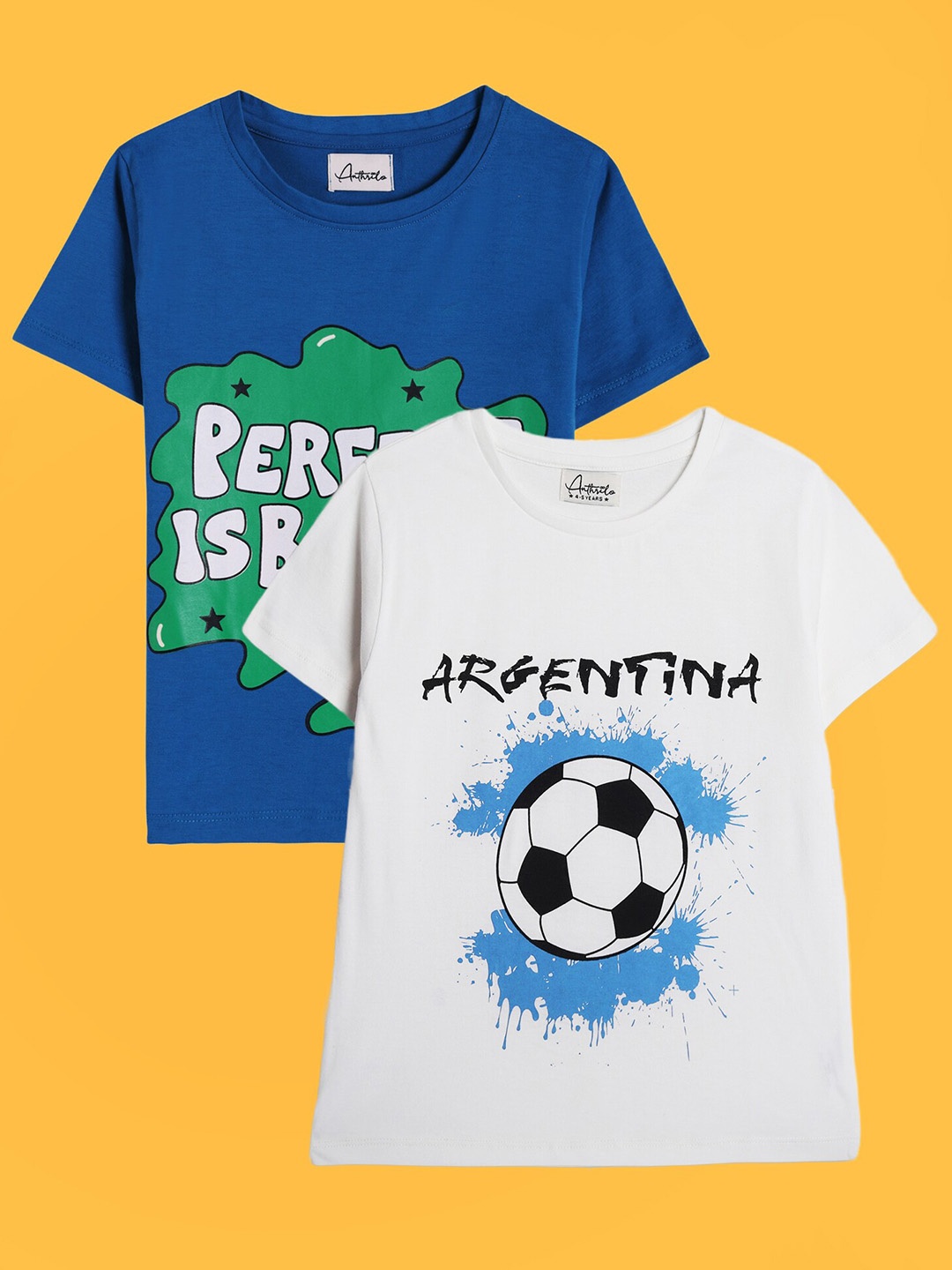 

Anthrilo Boys Pack of 2 Printed Relaxed Fit Cotton T-shirt, Blue
