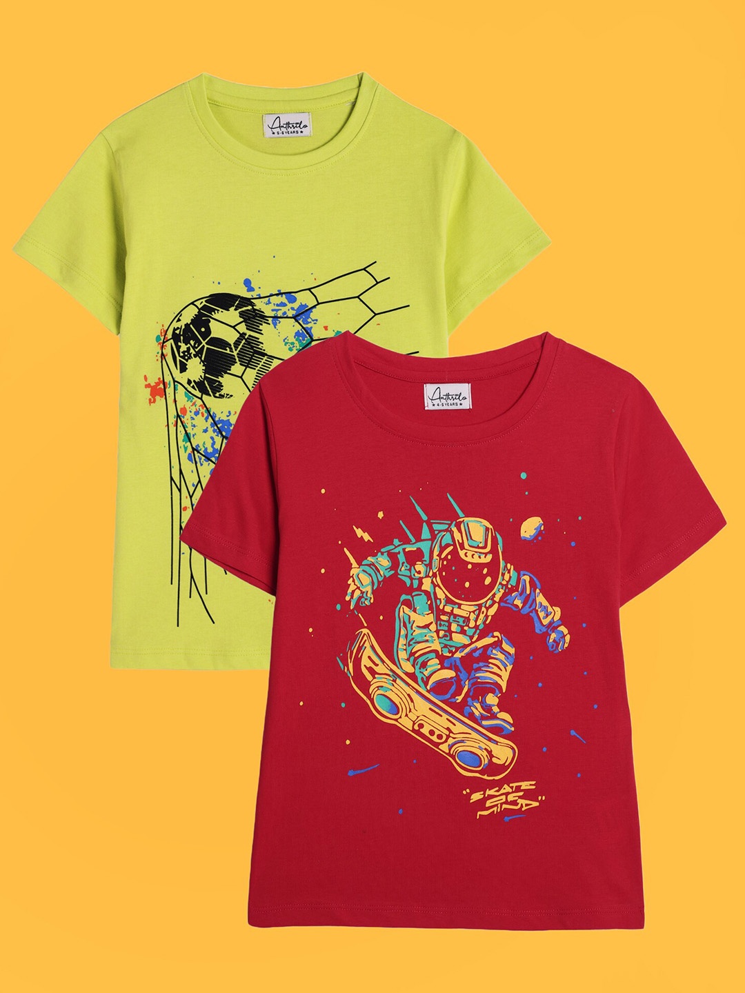 

Anthrilo Boys Pack Of 2 Graphic Printed Relaxed Fit Cotton T-shirt, Lime green