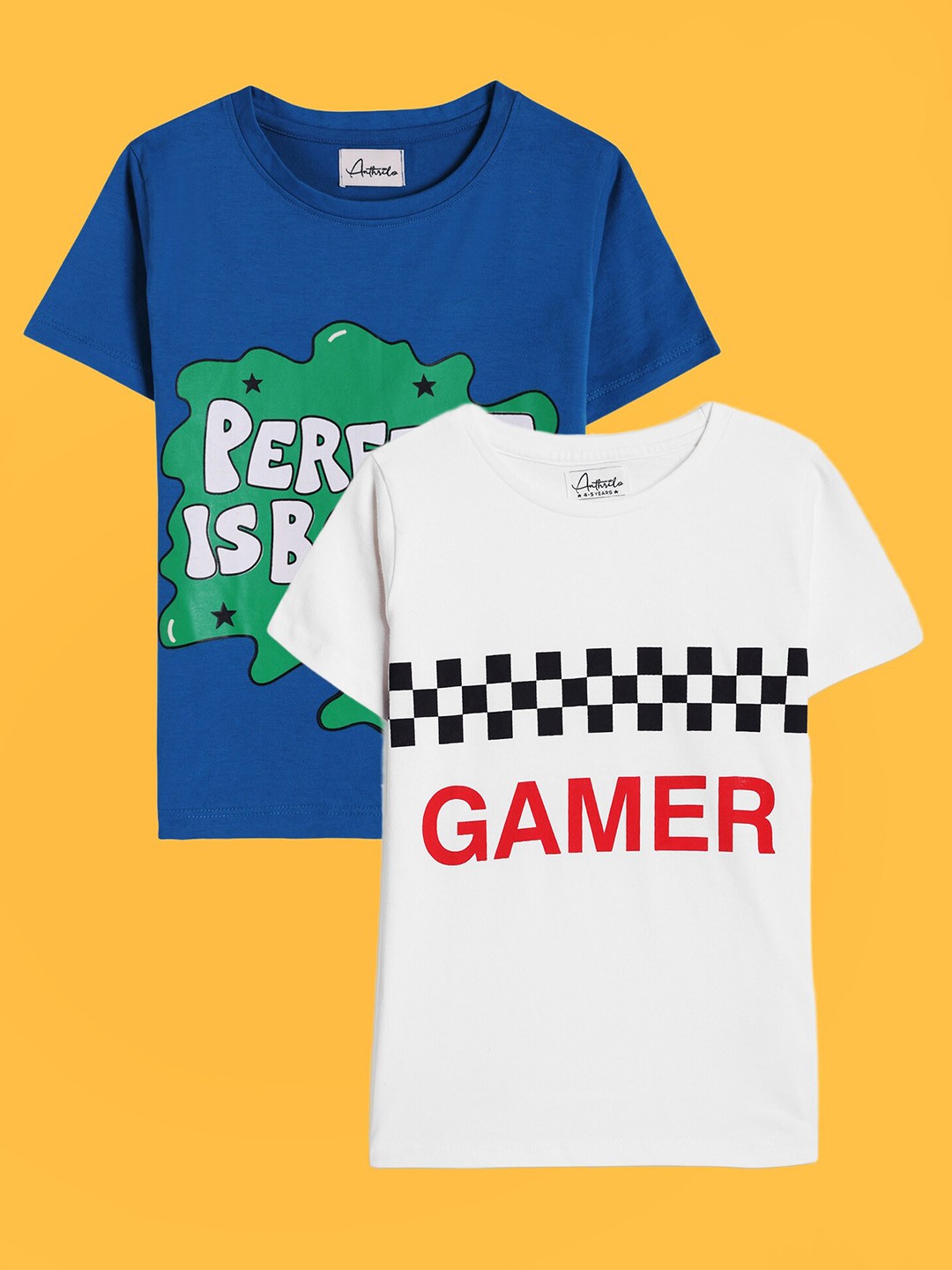 

Anthrilo Boys Pack Of 2 Typography Printed Relaxed Fit Cotton T-shirt, Blue