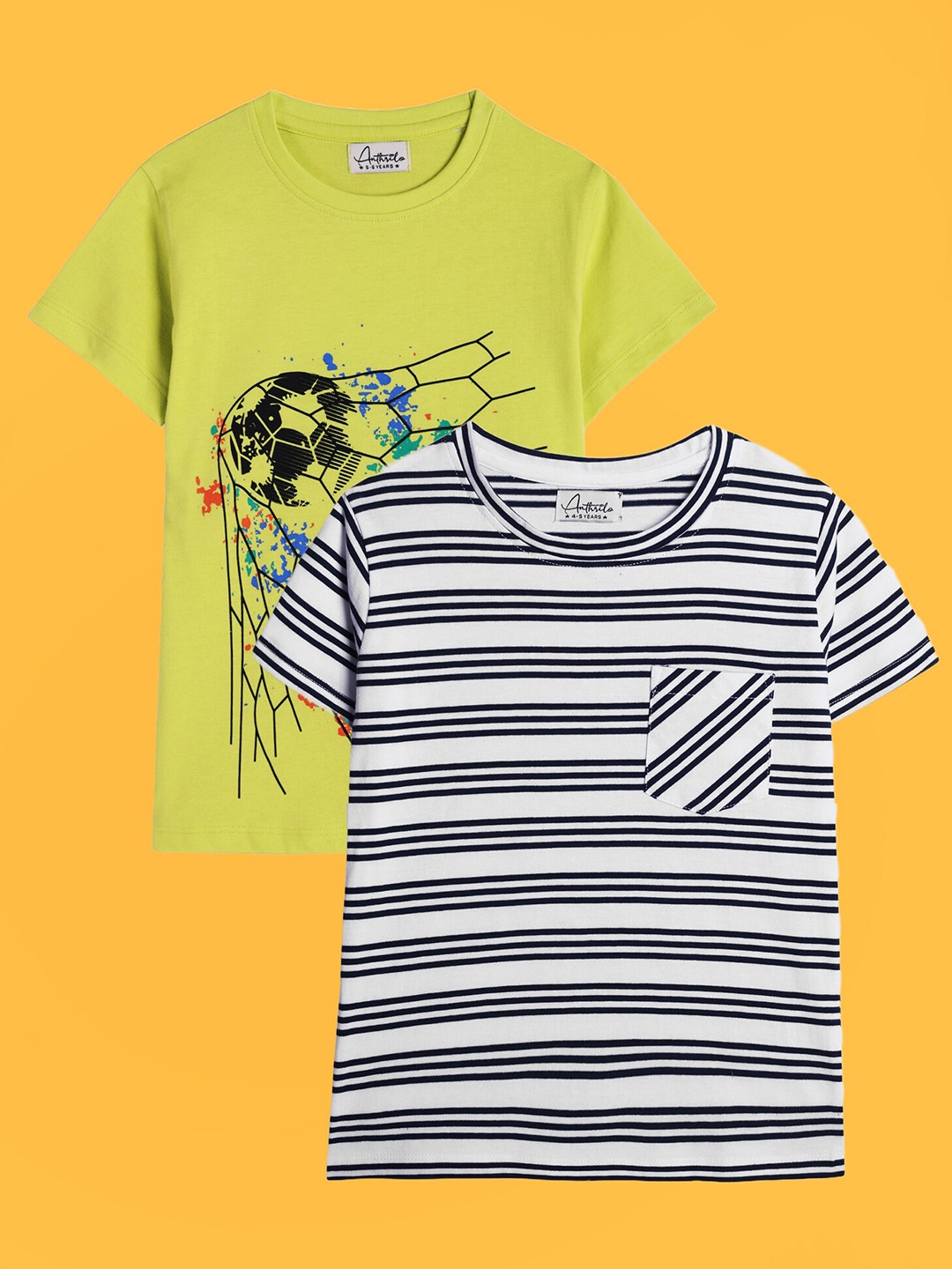 

Anthrilo Boys Pack Of 2 Relaxed Fit Striped Cotton T-shirts, Lime green