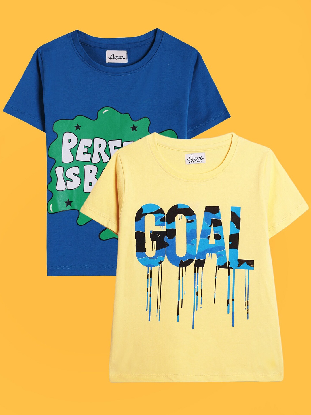 

Anthrilo Boys Pack Of 2 Typography Printed Cotton T-shirt, Blue