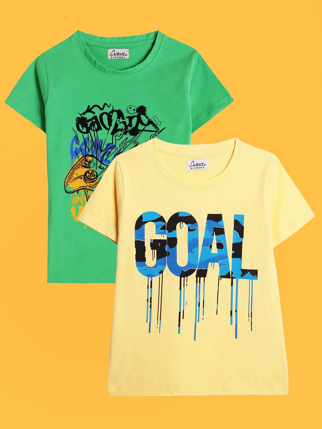 

Anthrilo Boys Pack Of 2 Printed Relaxed Fit Cotton T-shirts, Green