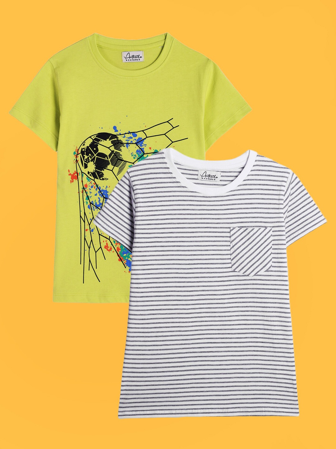 

Anthrilo Boys Pack Of 2 Striped Cotton T-Shirt, Lime green