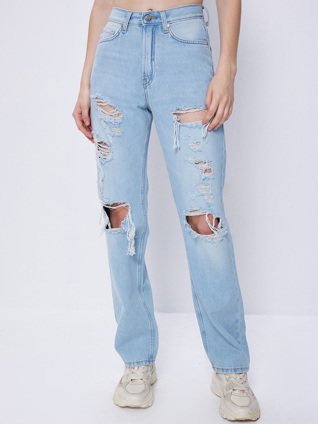 

COVER STORY Women Blue High-Rise Straight Fit Distressed Jeans