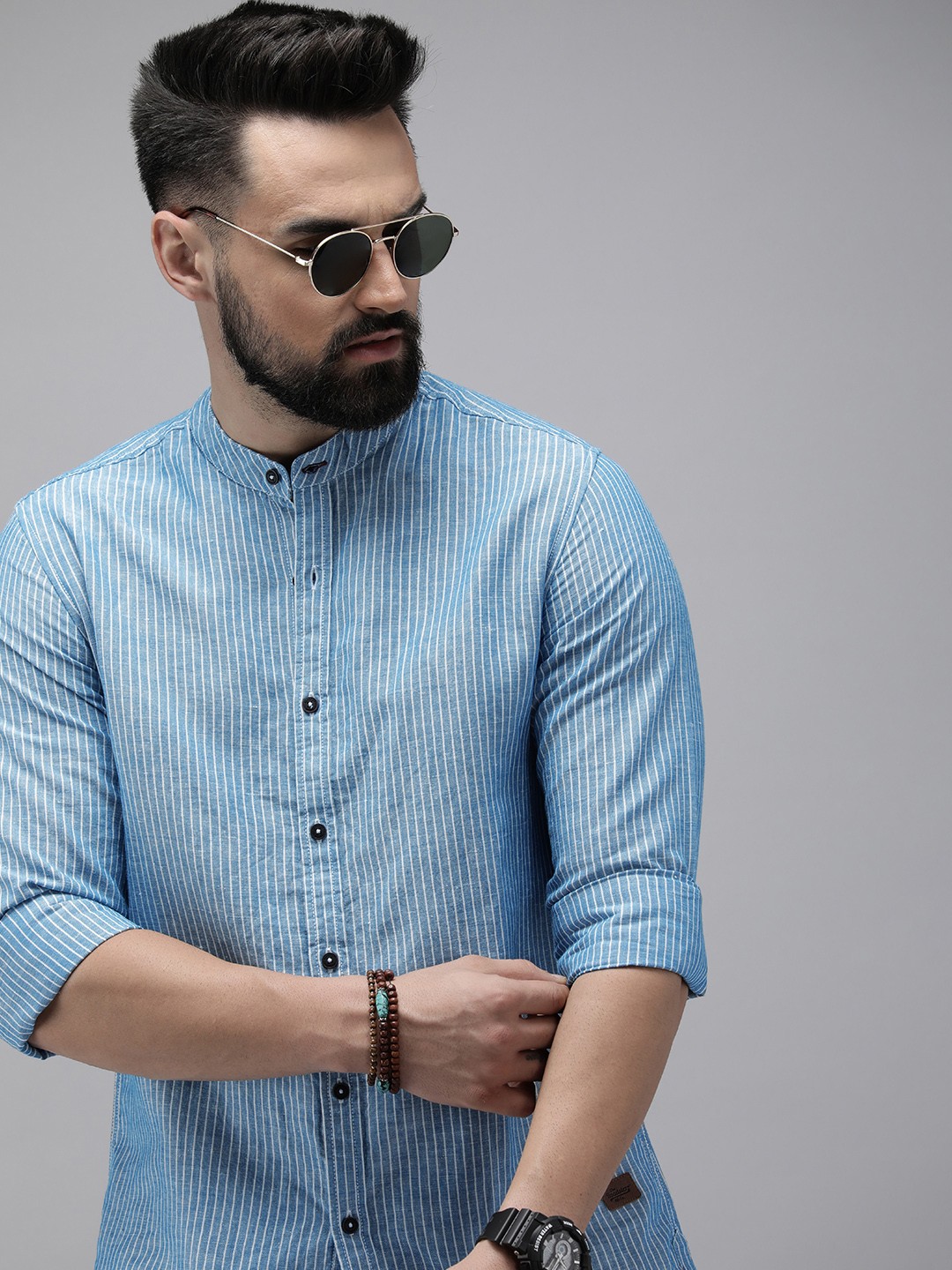 

Roadster Men Striped Mandarin Collar Cotton Linen Casual Shirt, Blue