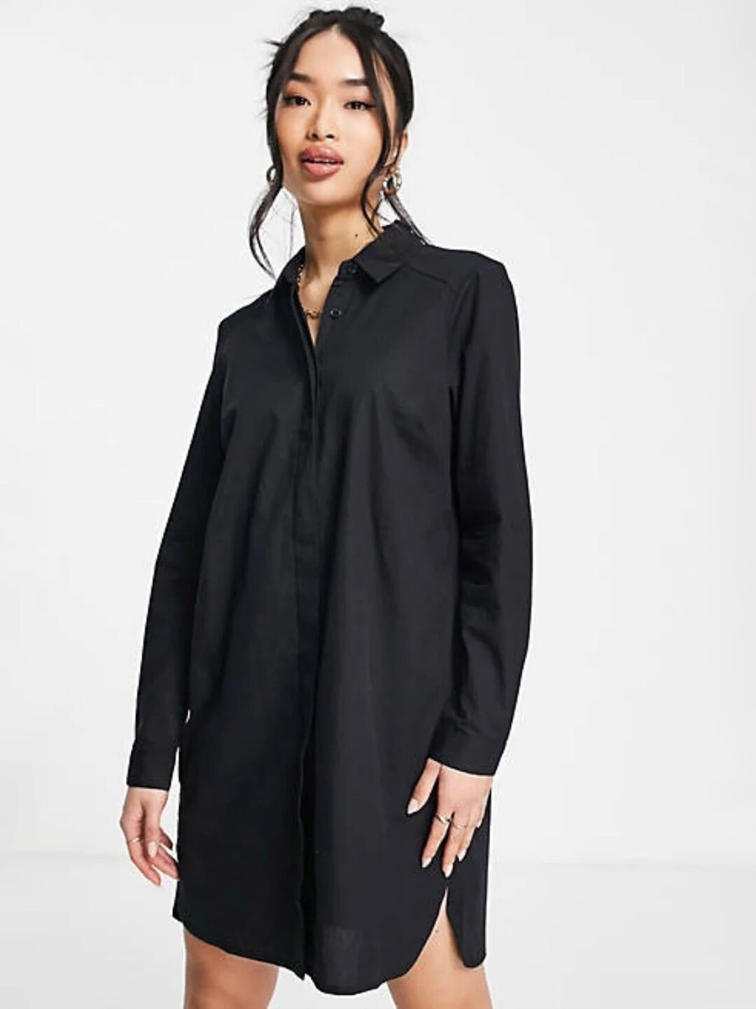 

Styched Shirt Collar Cuff Sleeve Shirt Style Dress, Black