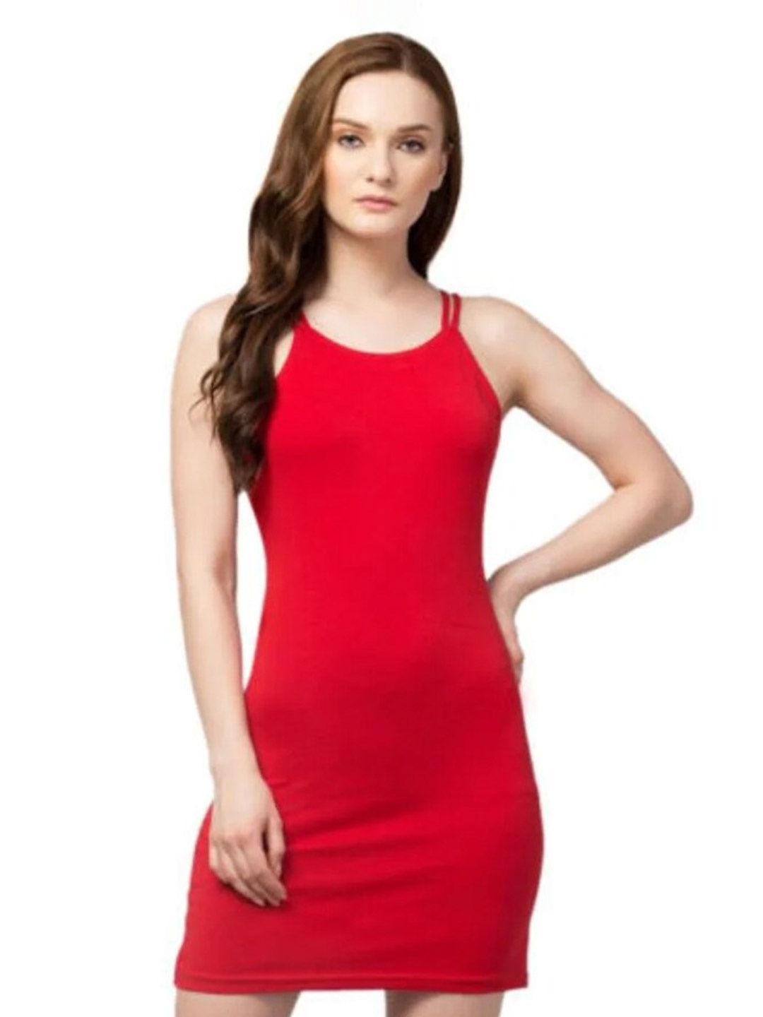 

Styched Shoulder Straps Cotton Bodycon Dress, Red