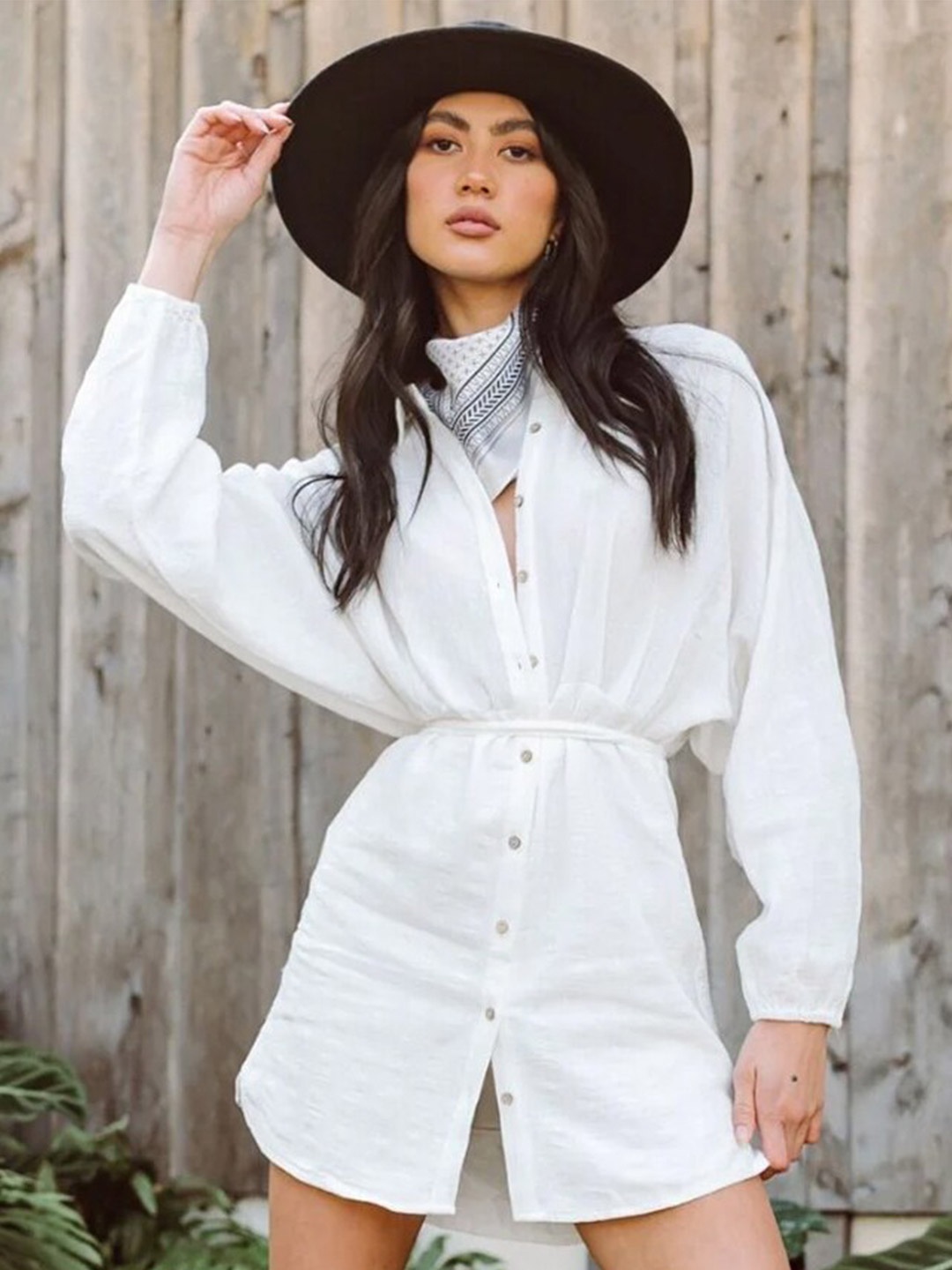 

Styched Puff Sleeve Belted Shirt Style Mini Dress, White