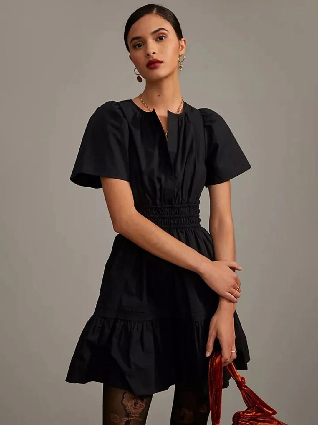 

Styched Flared Sleeves Smocked Tiered Cotton Fit & Flare Dress, Black