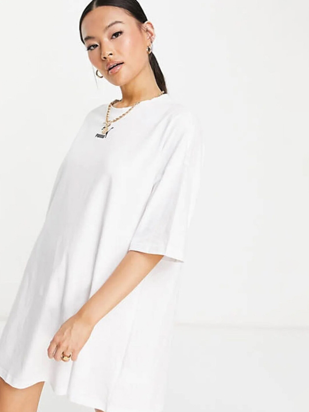 

Styched Drop Shoulder Sleeve Cotton T-Shirt Dress, White