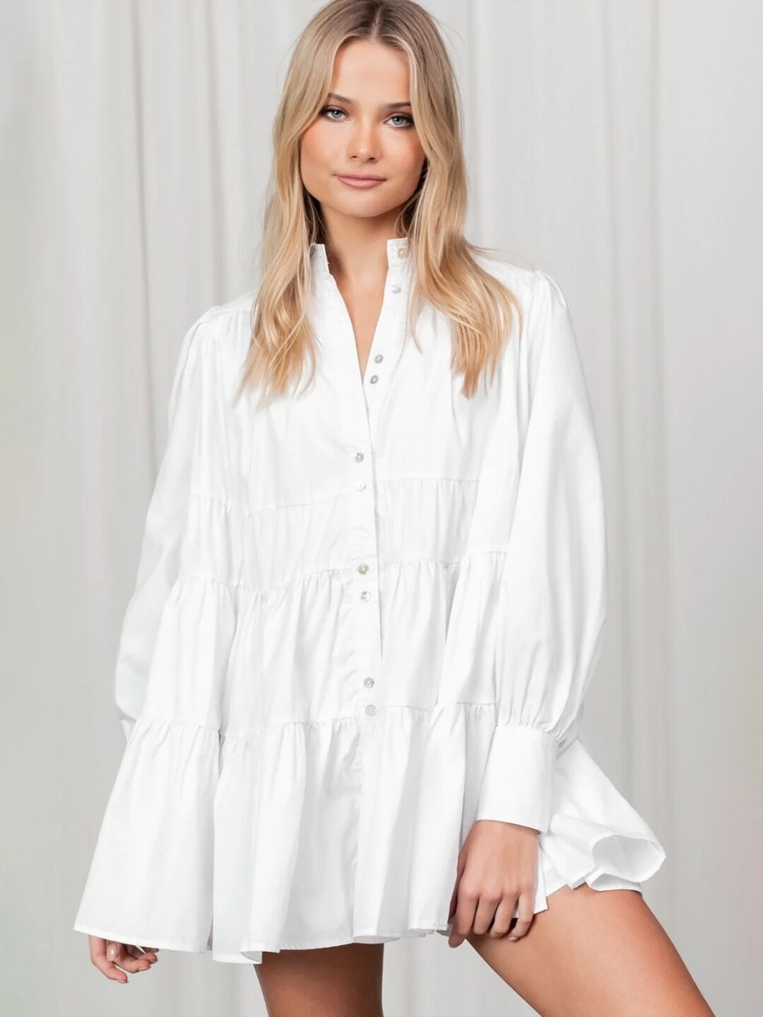 

Styched Tiered Cotton Shirt Mini Dress, White