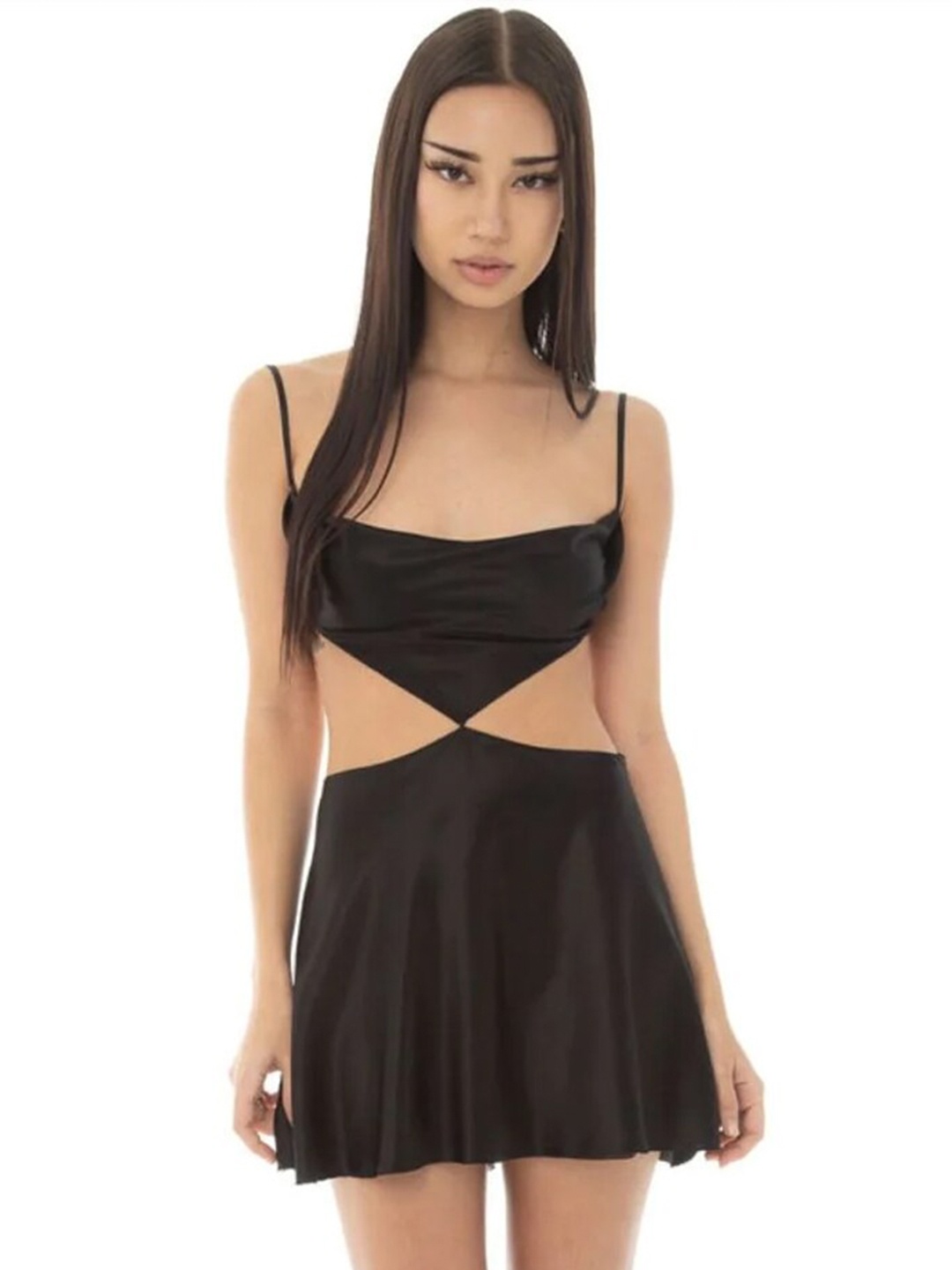 

Styched Cut-Out Shoulder Strap Satin A-Line Dress, Black