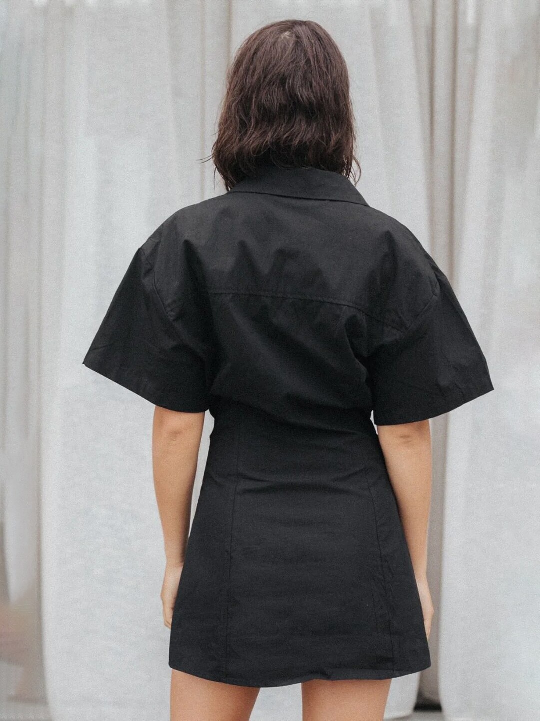 

Styched Shirt Collar Drop Shoulder Sleeves Cotton Shirt Mini Dress, Black