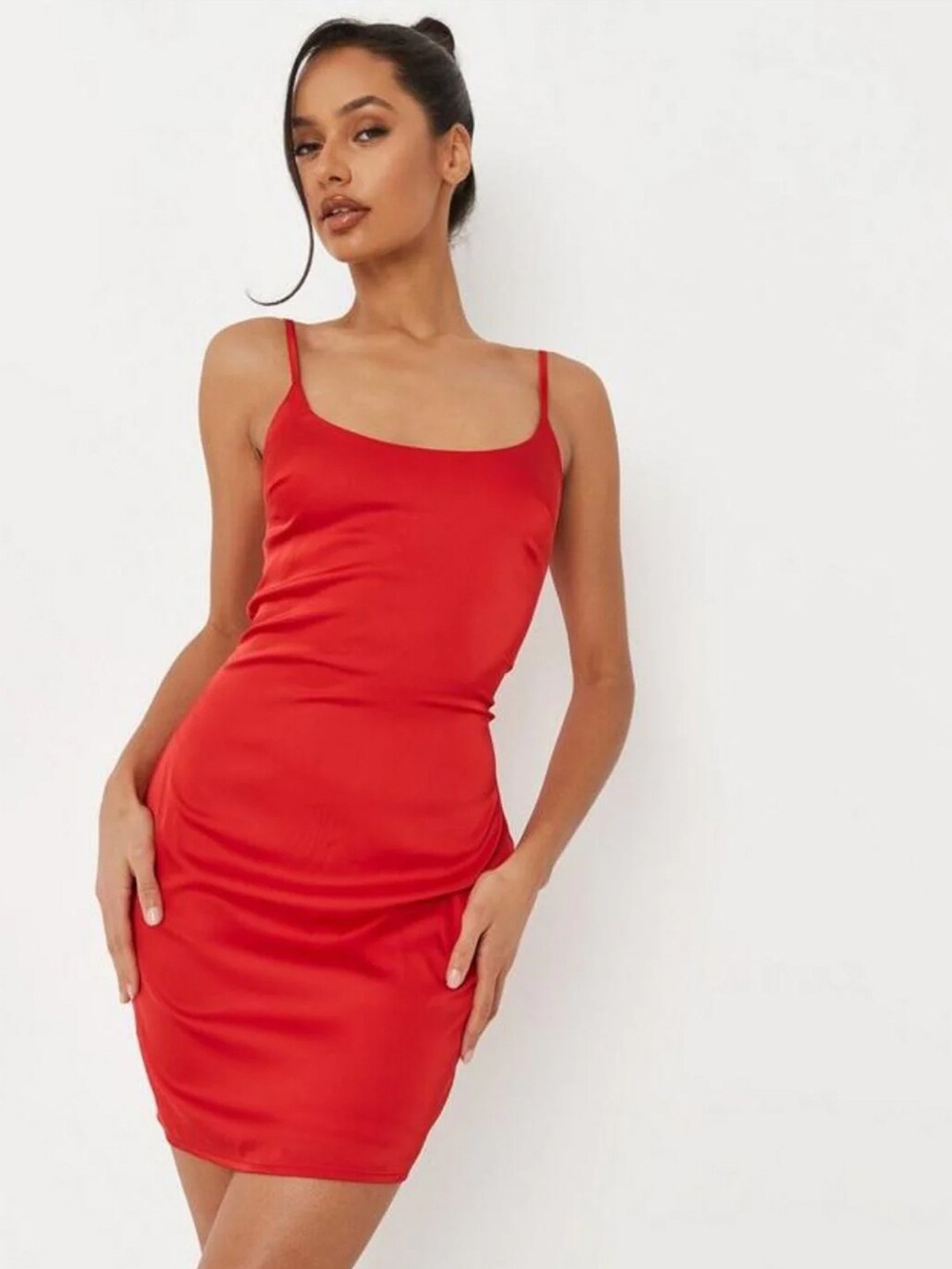 

Styched Shoulder Strap Sleeveless Sheen Satin Sheath Dress, Red