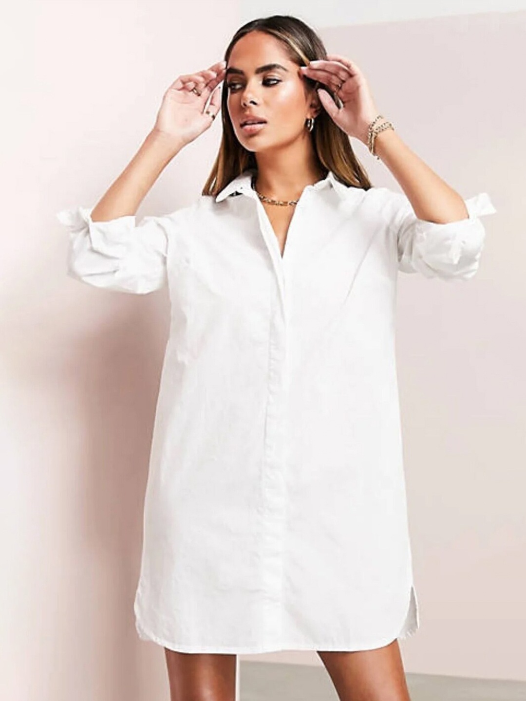 

Styched Long Cuffed Sleeves Cotton Shirt Style Dress, White