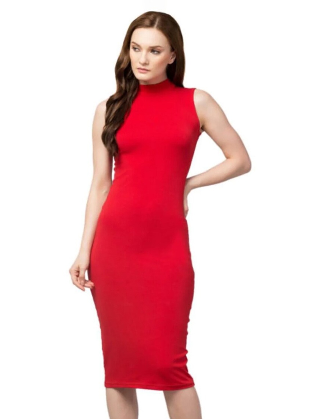 

Styched Mock Neck Cotton Bodycon Dress, Red