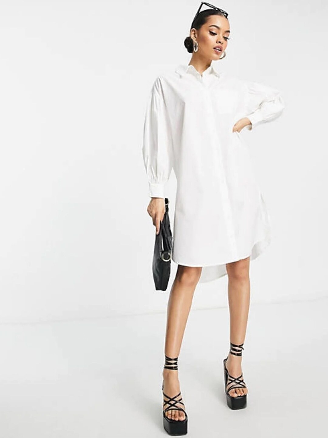 

Styched Cuff Sleeve Asymmetrical Hem Shirt Style Dress, White