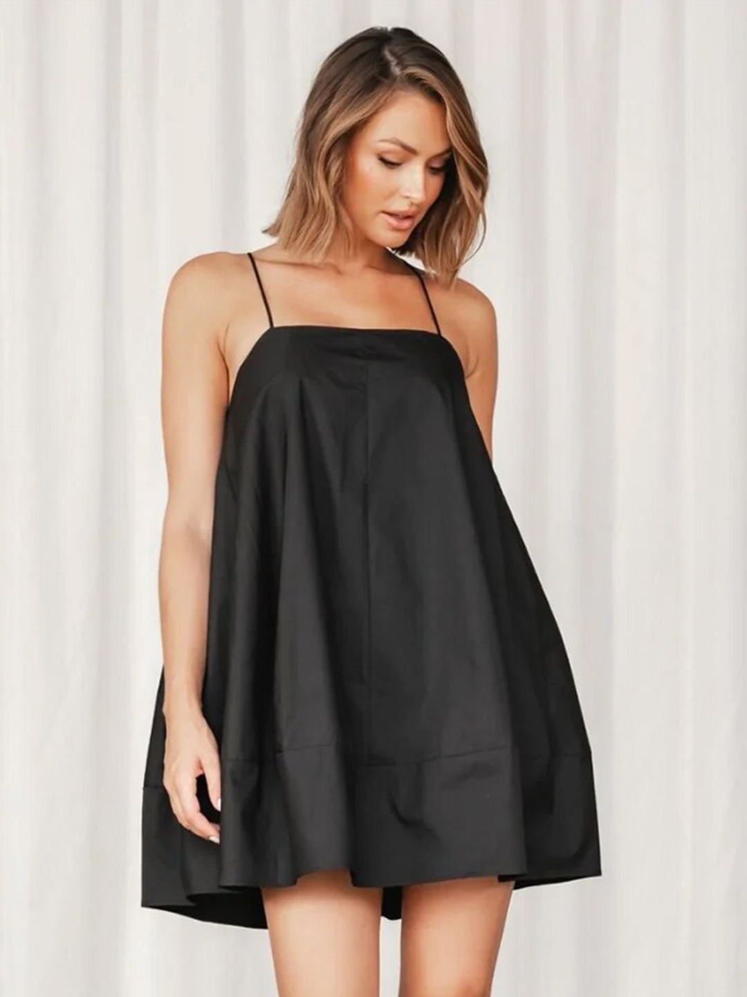 

Styched Shoulder Straps Cotton A-Line Mini Dress, Black