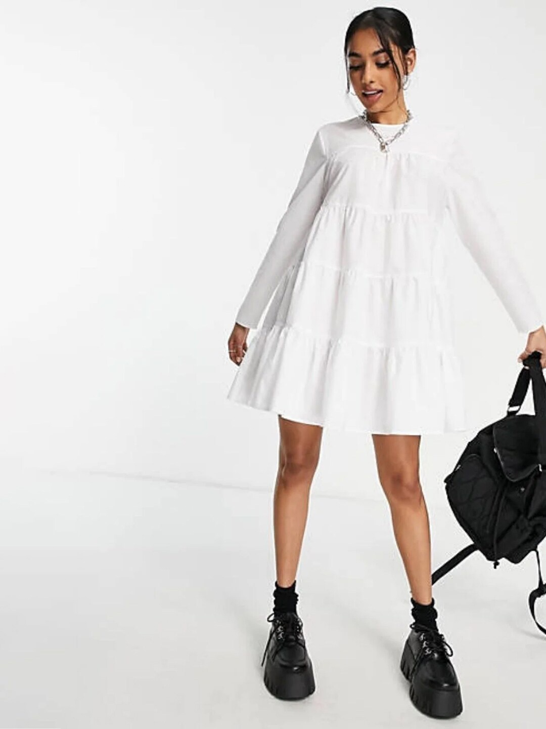 

Styched Layered High Neck Regular Sleeves Cotton A-Line Dress, White