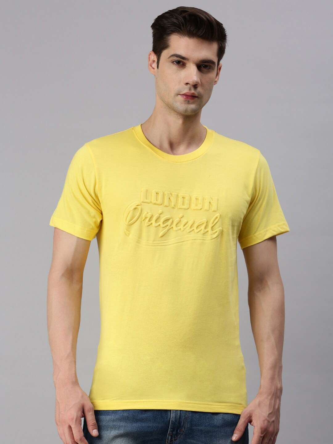 ONN Men Typography Printed Cotton T-shirt, Yellow