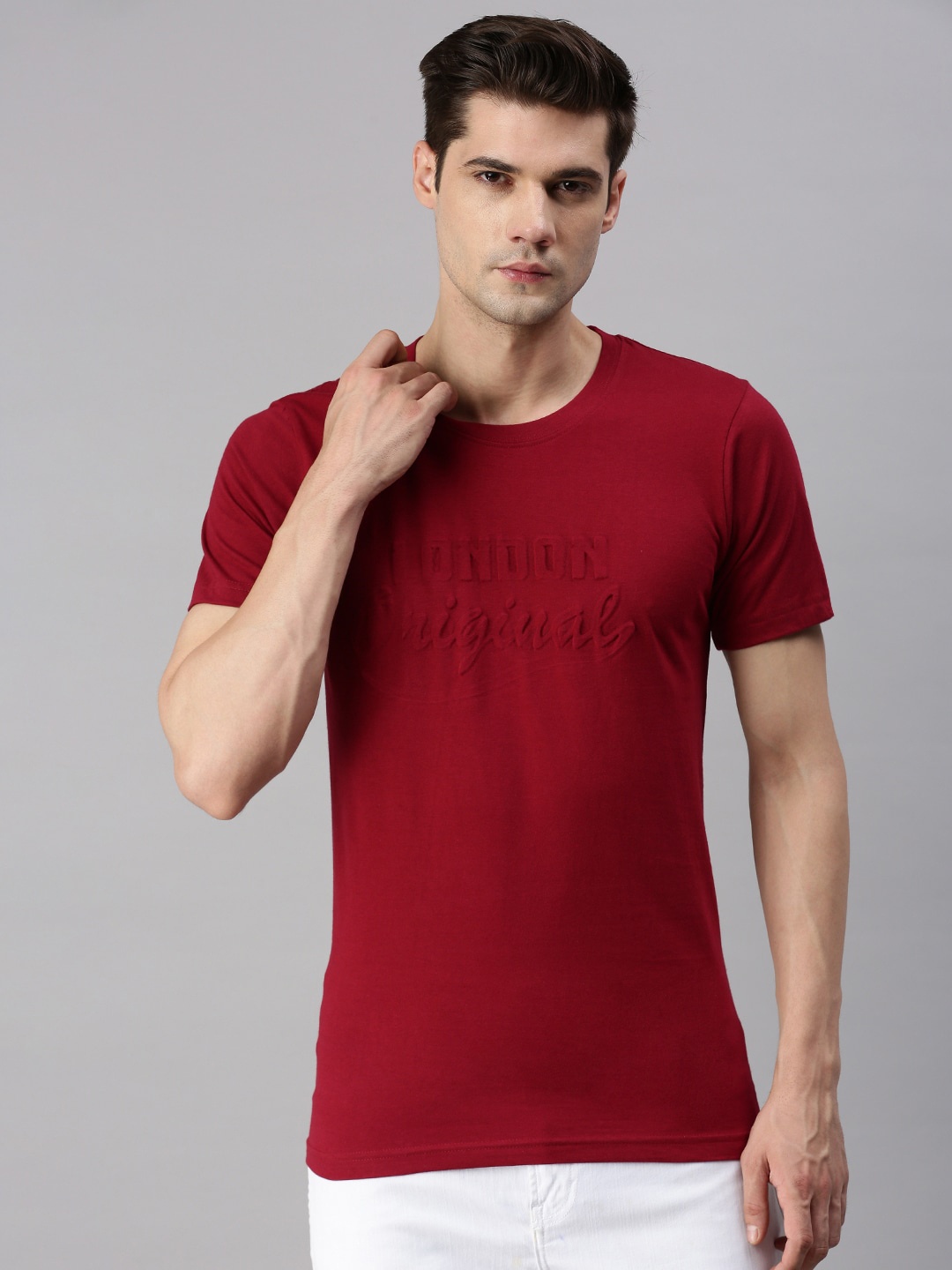 

ONN Typography Self Design Round Neck Pure Cotton T-shirt, Maroon