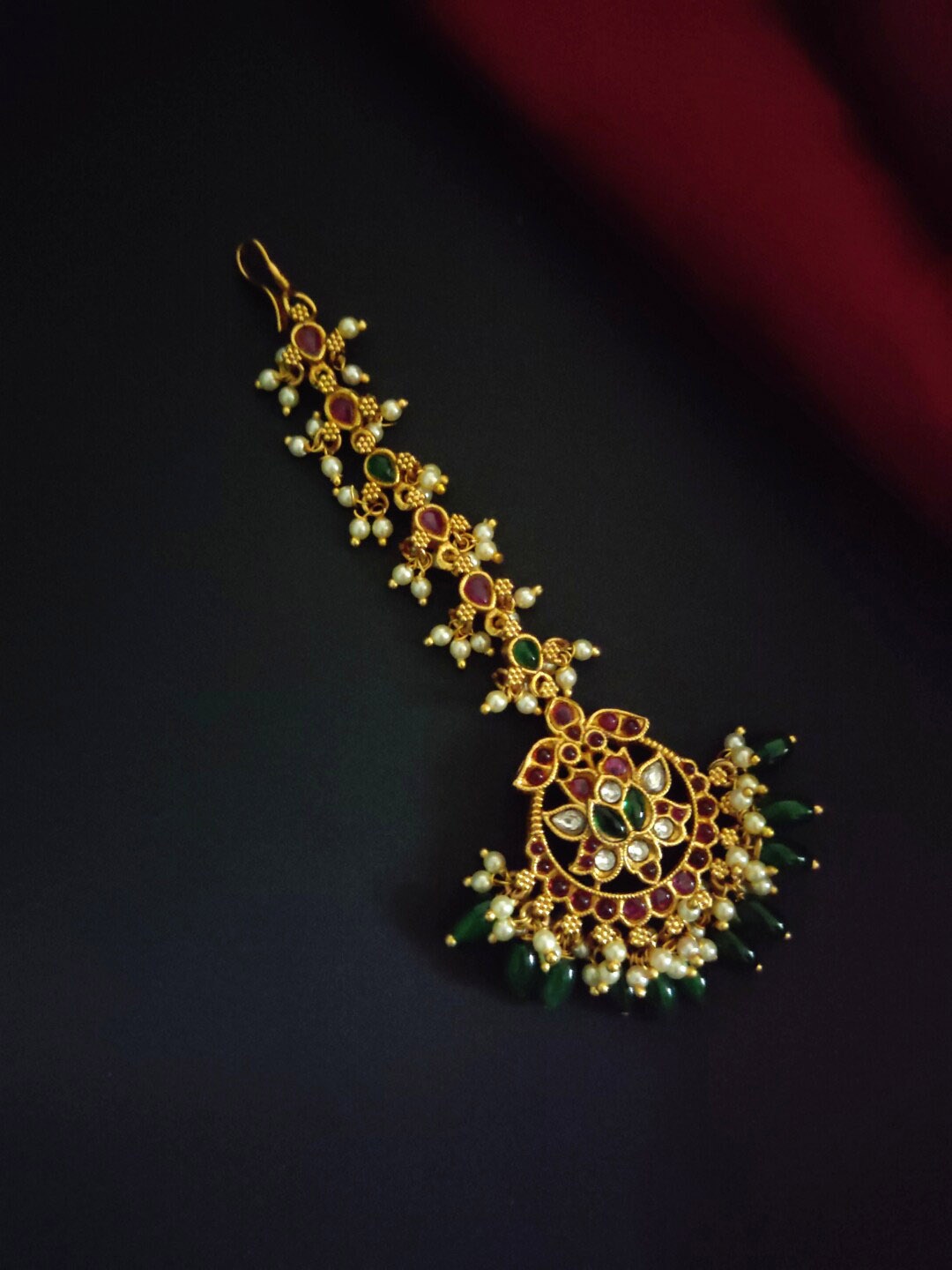 

Pihtara Jewels Gold-Plated Stone-Studded & Beaded Traditional Copper Maang Tikka