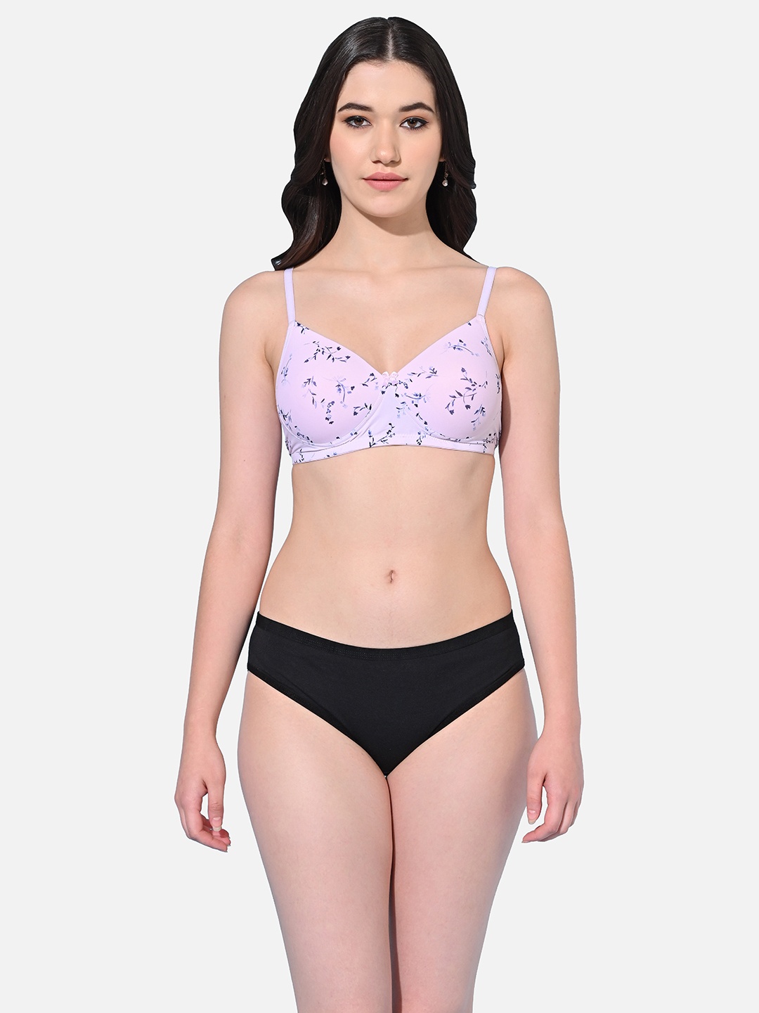 FIMS Floral Printed Padded Lingerie Set SLK-U_Set_Peach_B, Lavender