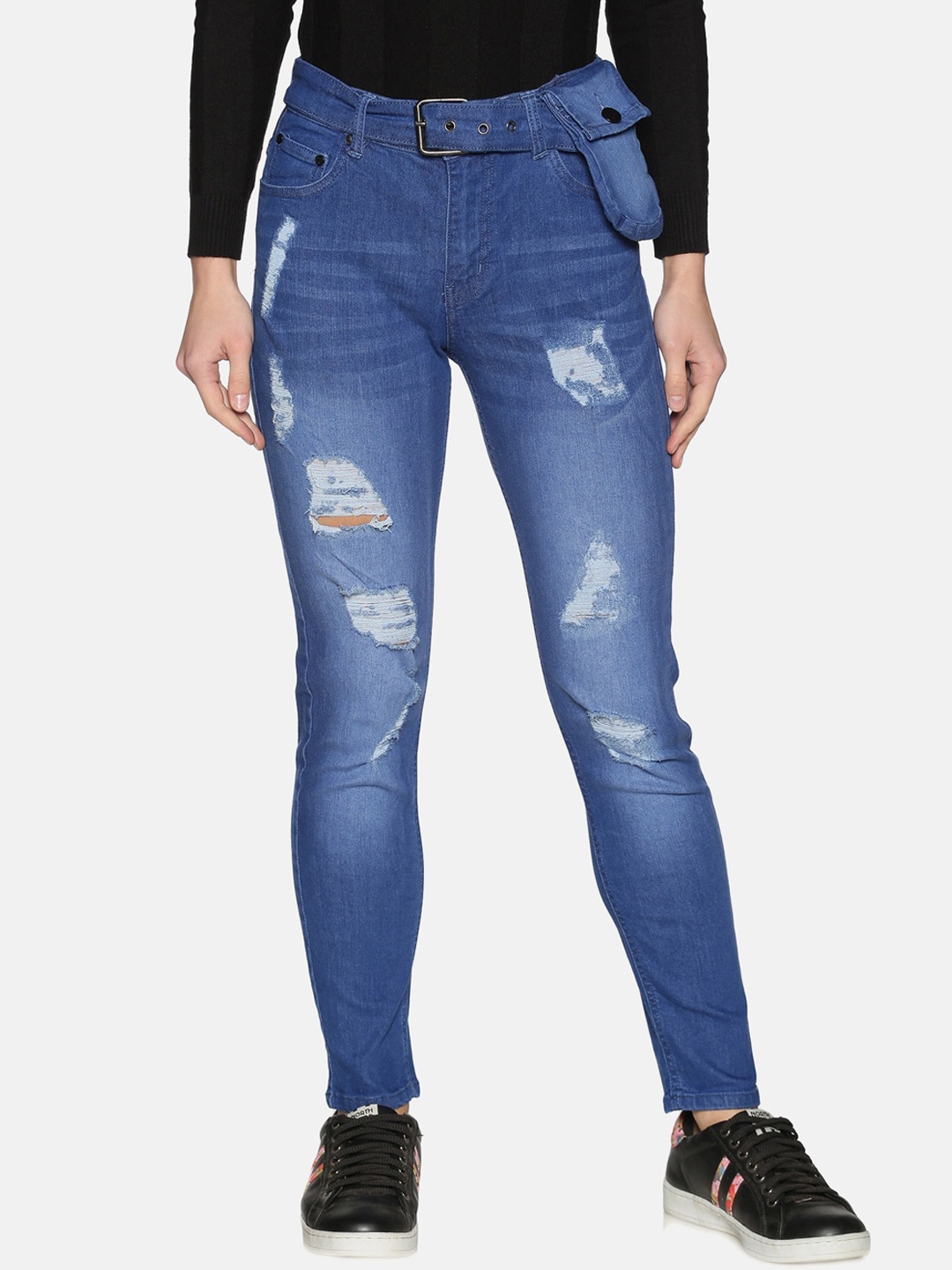 

KULTPRIT Women Classic Skinny Fit Mildly Distressed Light Fade Stretchable Jeans, Blue