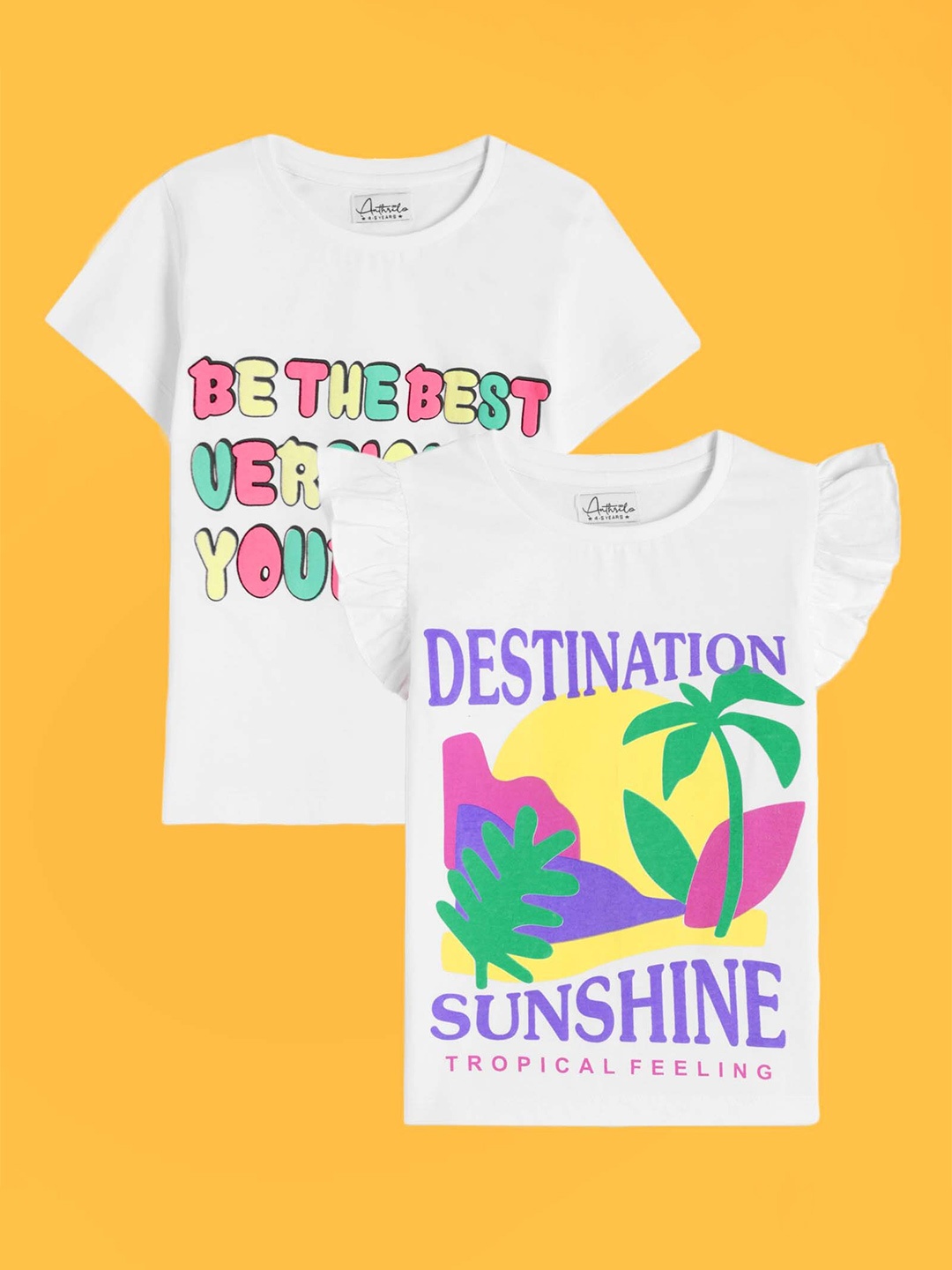 Anthrilo Girls Pack Of 2 Conversational Printed Relaxed Fit Cotton T-shirt, White