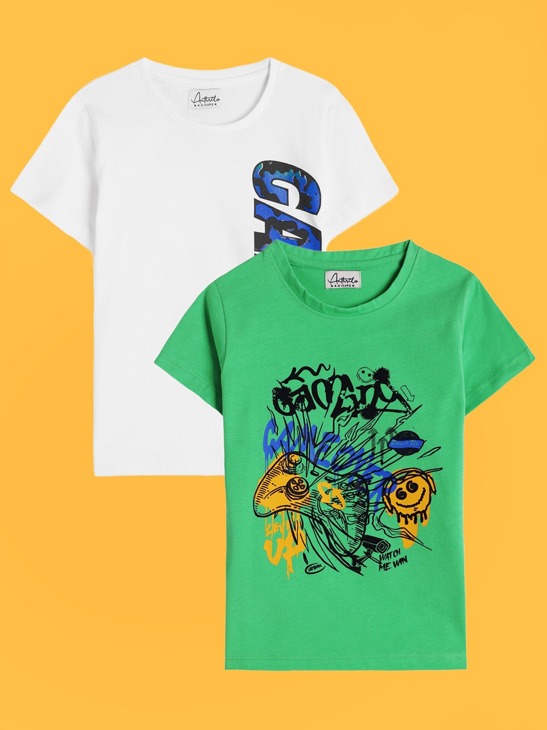 

Anthrilo Boys Pack of 2 Typography Printed Relaxed Fit Cotton T-shirt, White