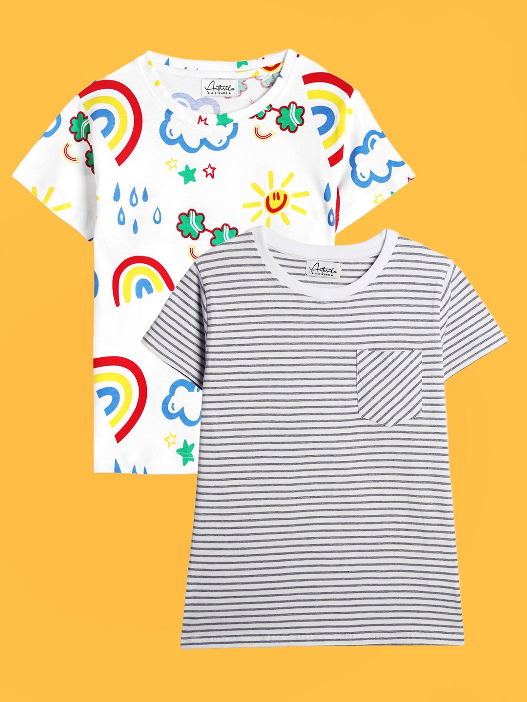 

Anthrilo Boys Pack Of 2 Printed Relaxed Fit Cotton T-shirts, White