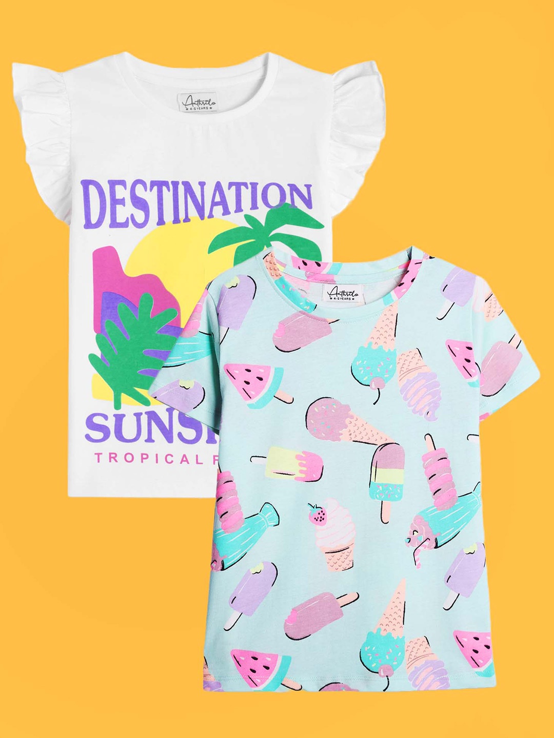

Anthrilo Girls Pack of 2 Printed Relaxed Fit Cotton T-shirt, White