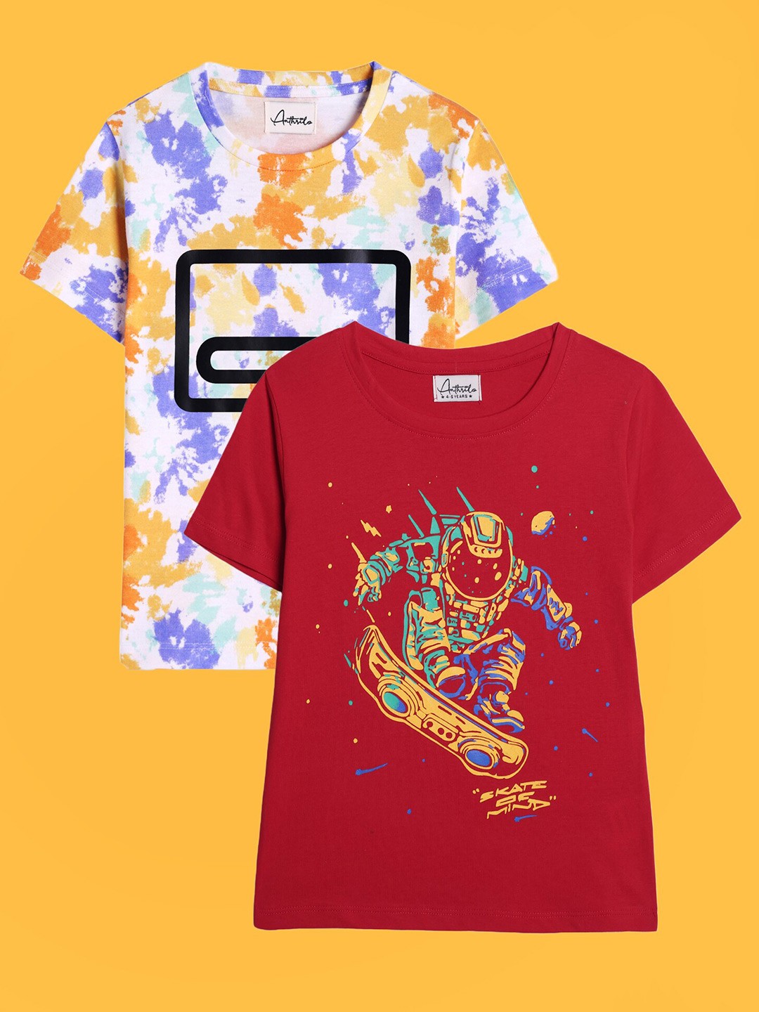 

Anthrilo Boys Pack of 2 Printed Cotton Printed Relaxed Fit Cotton T-shirt, White