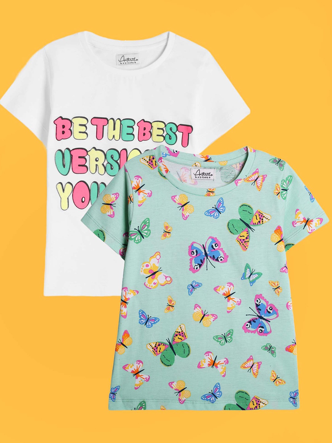 

Anthrilo Girls Pack Of 2 Butterfly Printed Relaxed Fit Cotton T-shirt, Green