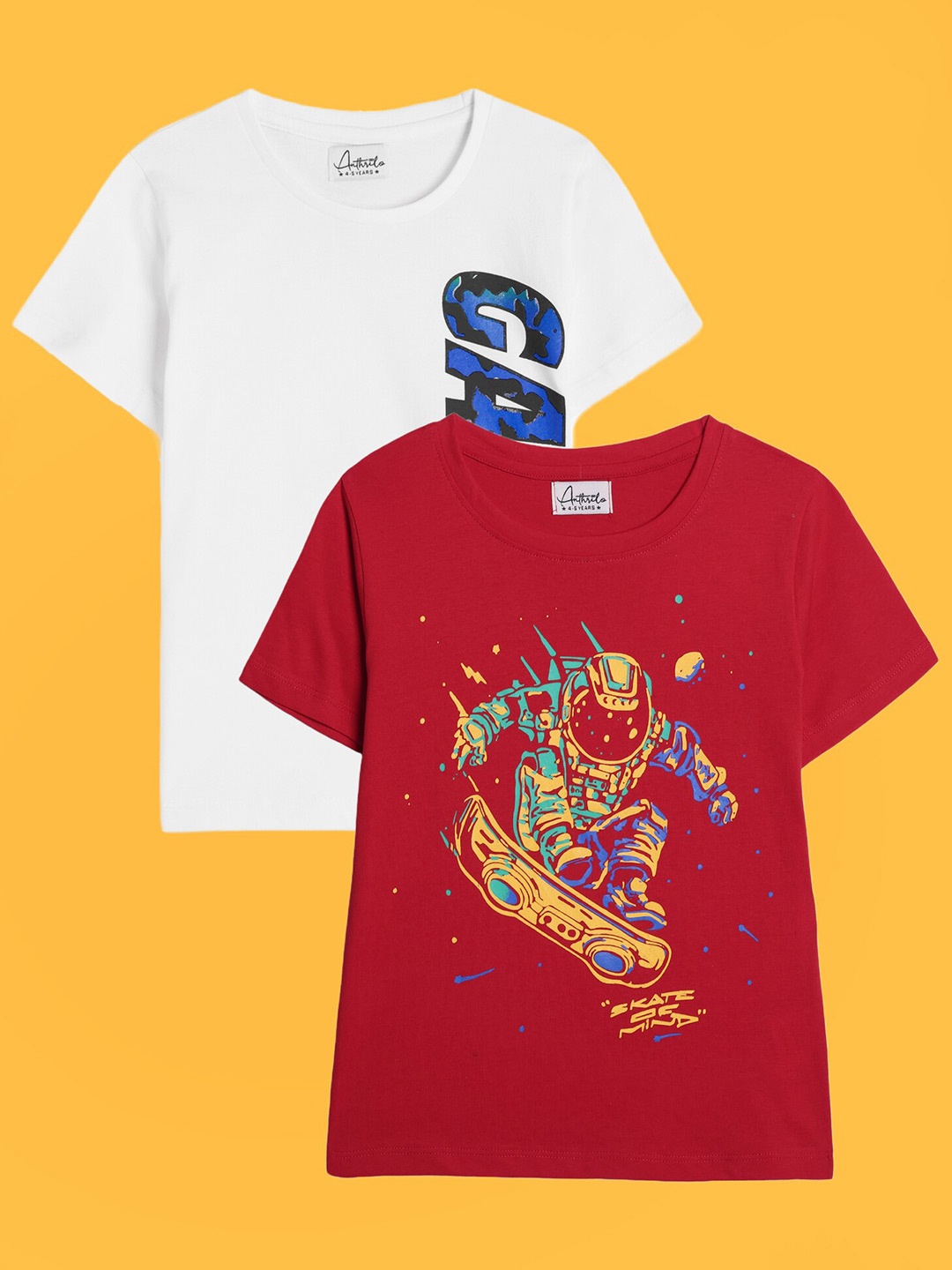 

Anthrilo Boys Pack Of 2 Graphic Printed Cotton T-Shirt, White