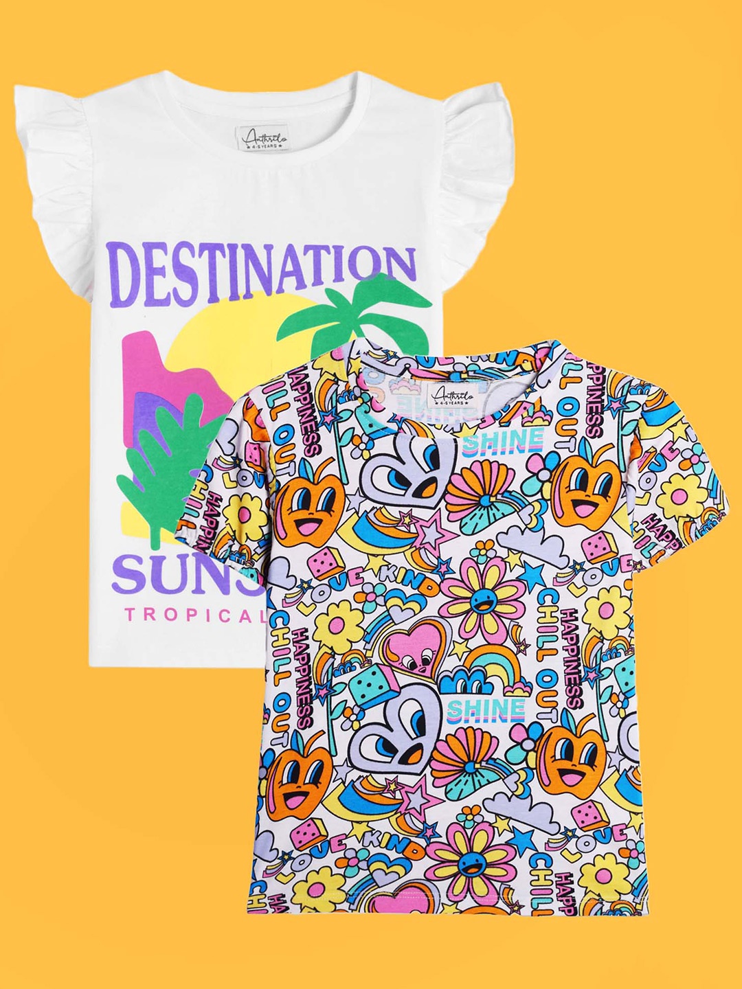 

Anthrilo Girls Pack Of 2 Printed Cotton T-shirts, White