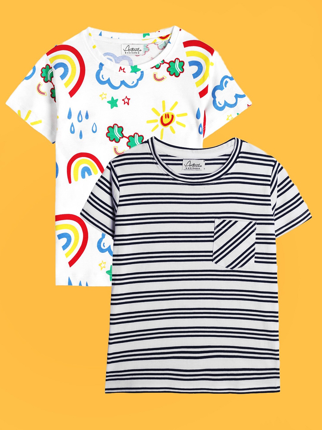 

Anthrilo Boys Pack Of 2 Striped Cotton T-Shirt, White