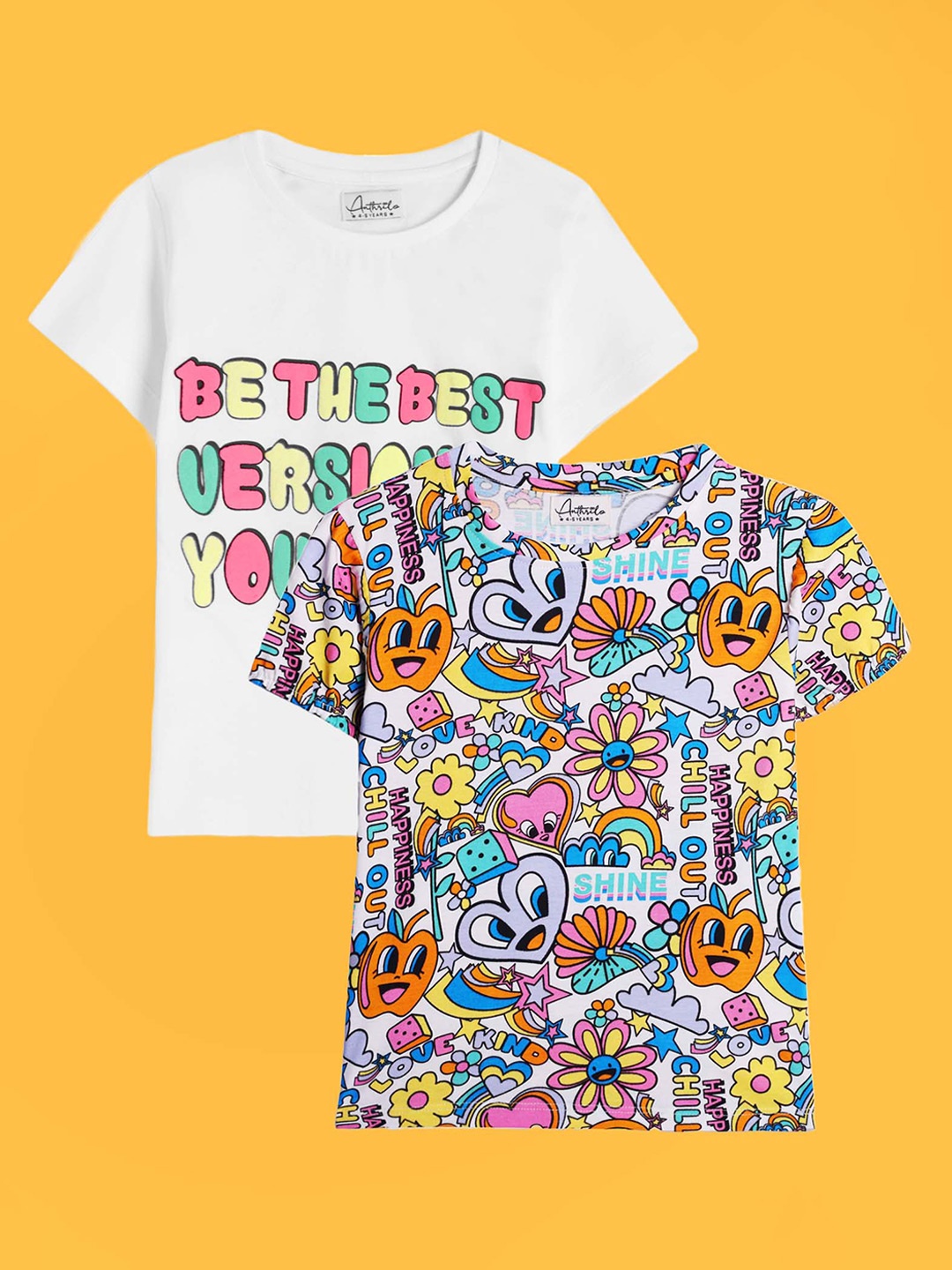 

Anthrilo Girls Pack Of 2 Typography Printed Relaxed Fit Cotton T-shirt, White