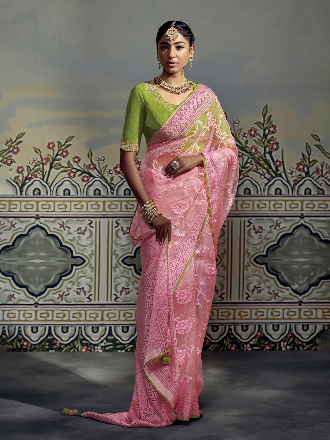 

Mitera Pink & Green Floral Brasso Saree With Blouse Piece