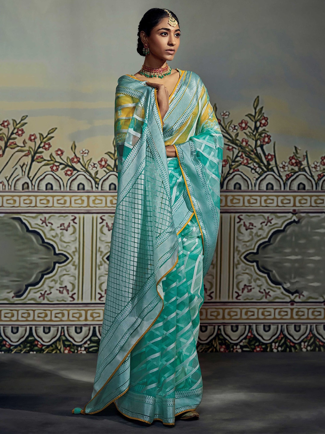 

Mitera Blue & Yellow Striped Zari Brasso Saree