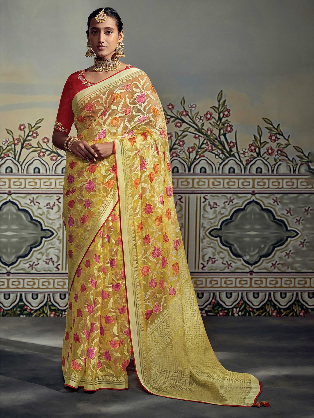 

Mitera Yellow & Red Floral Woven Design Brasso Saree